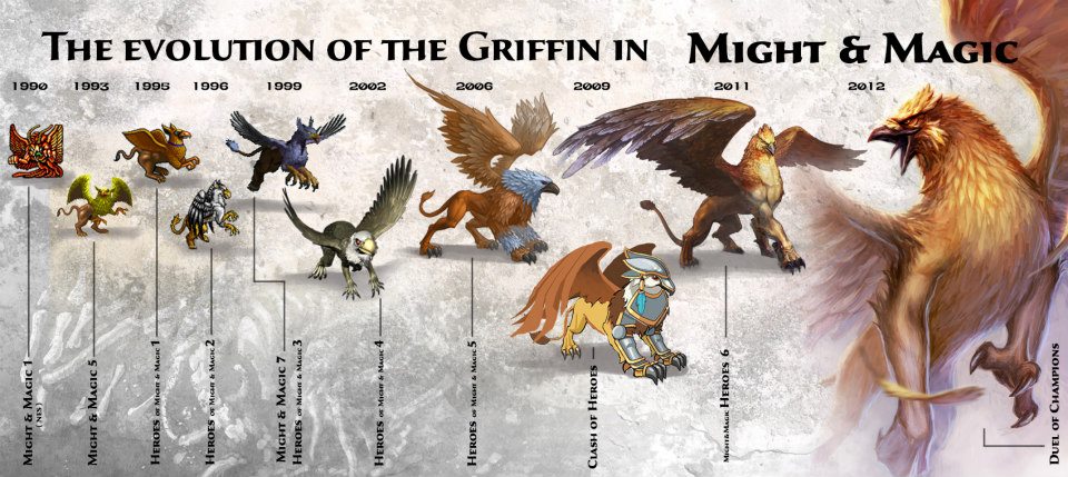  Griffins, as well as Minotaurs, were first introduced in Might & Magic 1 in 1990 and from then appeared in Might & Magic 5 and 7, Heroes 1, 2, 3, 4, 5, 6, in Clash of Heroes and more recently in Duel of Champions.
